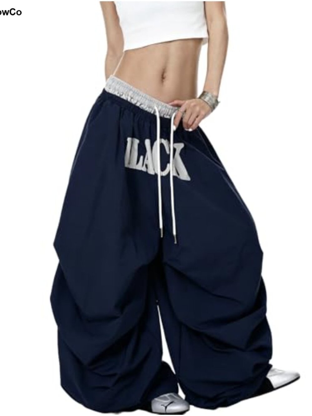 Women's Retro High Waisted Wide Leg Drawstring Parachute Pants - Picture 4 of 6